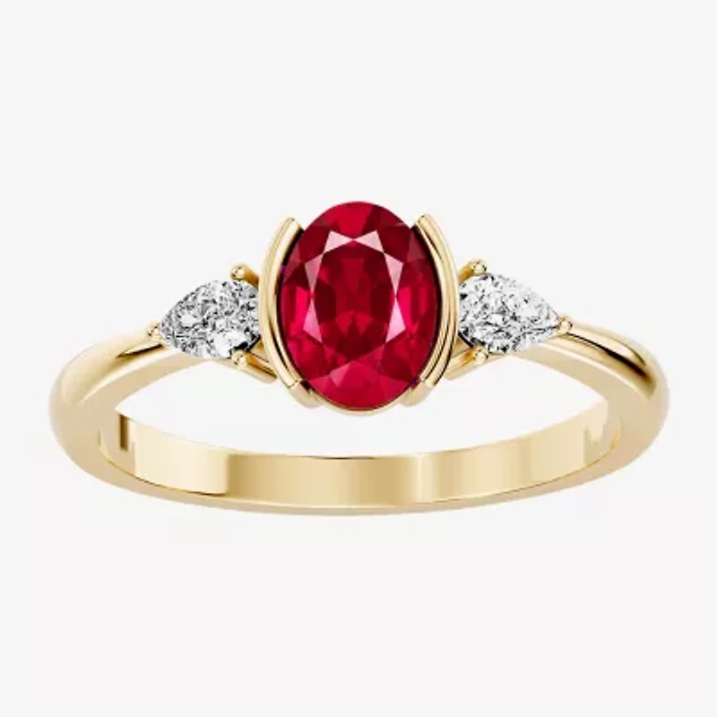 Womens 1/5 CT. Genuine Red Ruby 10K Gold Oval 3-Stone Cocktail Ring