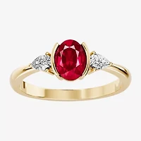 Womens 1/5 CT. Genuine Red Ruby 10K Gold Oval 3-Stone Cocktail Ring