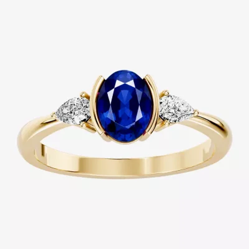 Womens 1/5 CT. Genuine Blue Sapphire 10K Gold Oval 3-Stone Cocktail Ring