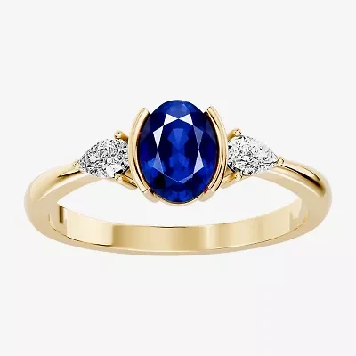 Womens 1/5 CT. Genuine Blue Sapphire 10K Gold Oval 3-Stone Cocktail Ring