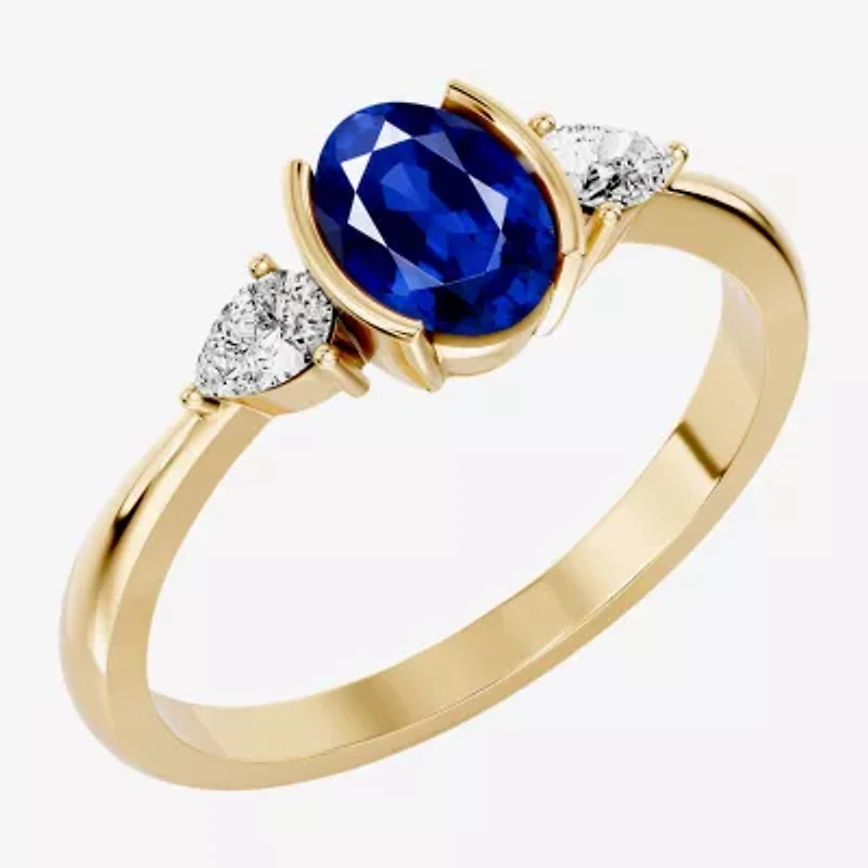 Womens 1/5 CT. Genuine Blue Sapphire 10K Gold Oval 3-Stone Cocktail Ring