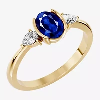 Womens 1/5 CT. Genuine Blue Sapphire 10K Gold Oval 3-Stone Cocktail Ring