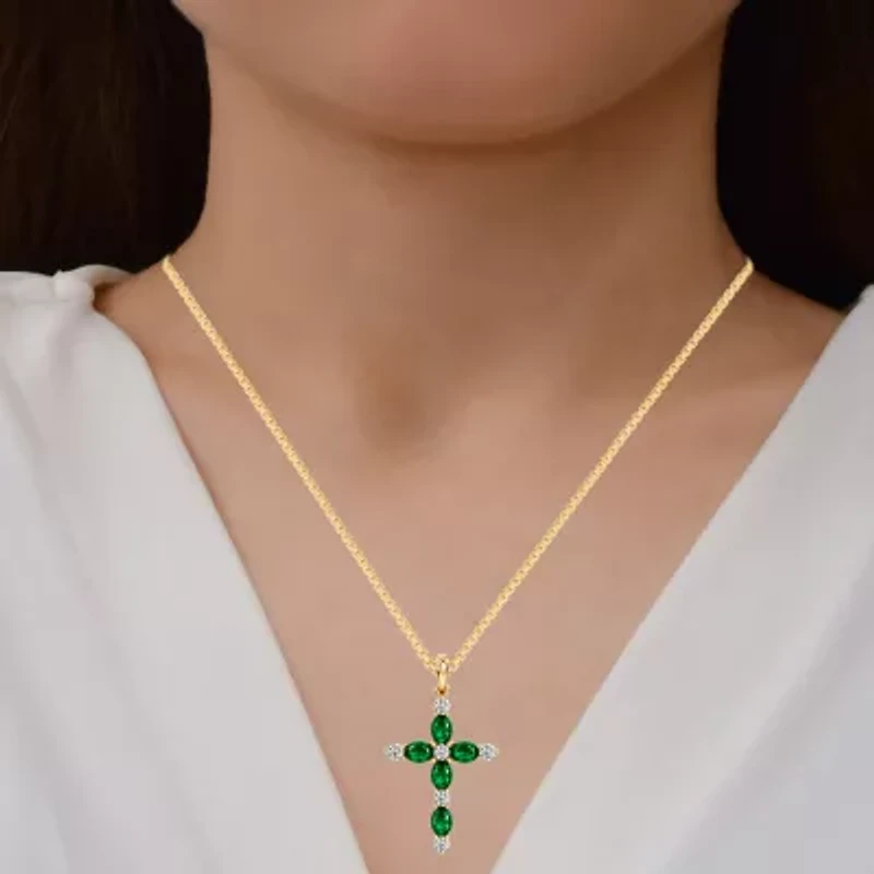 Cross Womens 1/4 CT. T.W. Genuine Green Emerald 10K Gold Cross 18 Inch Pendant Necklace