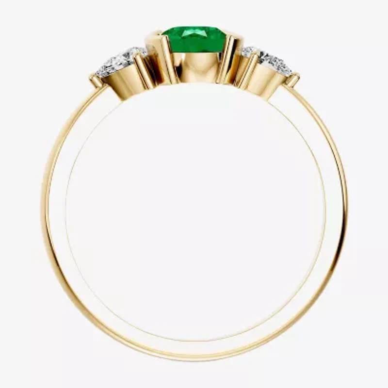 Womens 1/5 CT. Genuine Green Emerald 10K Gold Oval 3-Stone Cocktail Ring