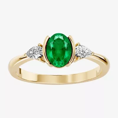 Womens 1/5 CT. Genuine Green Emerald 10K Gold Oval 3-Stone Cocktail Ring