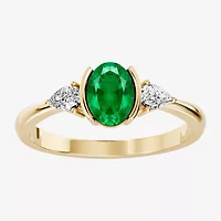 Womens 1/5 CT. Genuine Green Emerald 10K Gold Oval 3-Stone Cocktail Ring