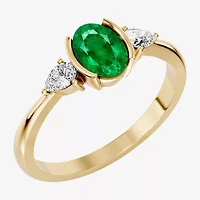 Womens 1/5 CT. Genuine Green Emerald 10K Gold Oval 3-Stone Cocktail Ring