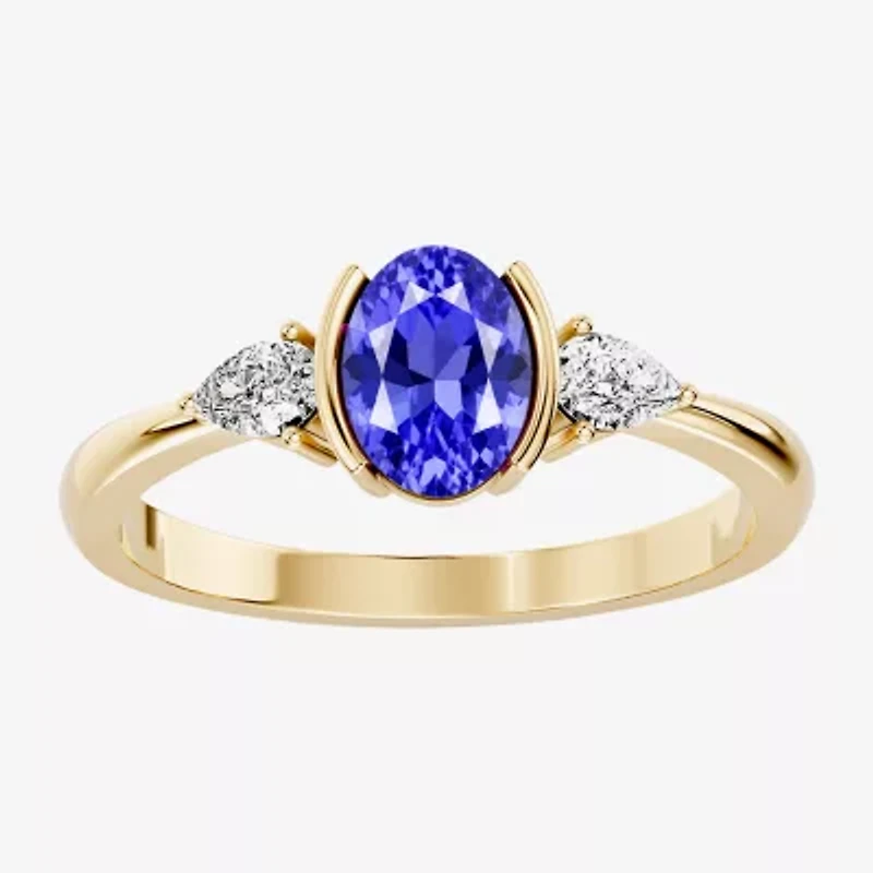 Womens 1/5 CT. Genuine Blue Tanzanite 10K Gold Oval 3-Stone Cocktail Ring