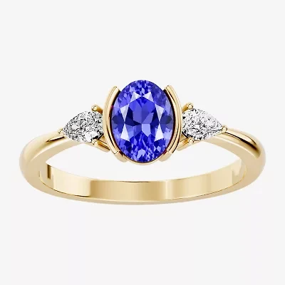 Womens 1/5 CT. Genuine Blue Tanzanite 10K Gold Oval 3-Stone Cocktail Ring