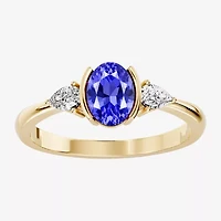 Womens 1/5 CT. Genuine Blue Tanzanite 10K Gold Oval 3-Stone Cocktail Ring
