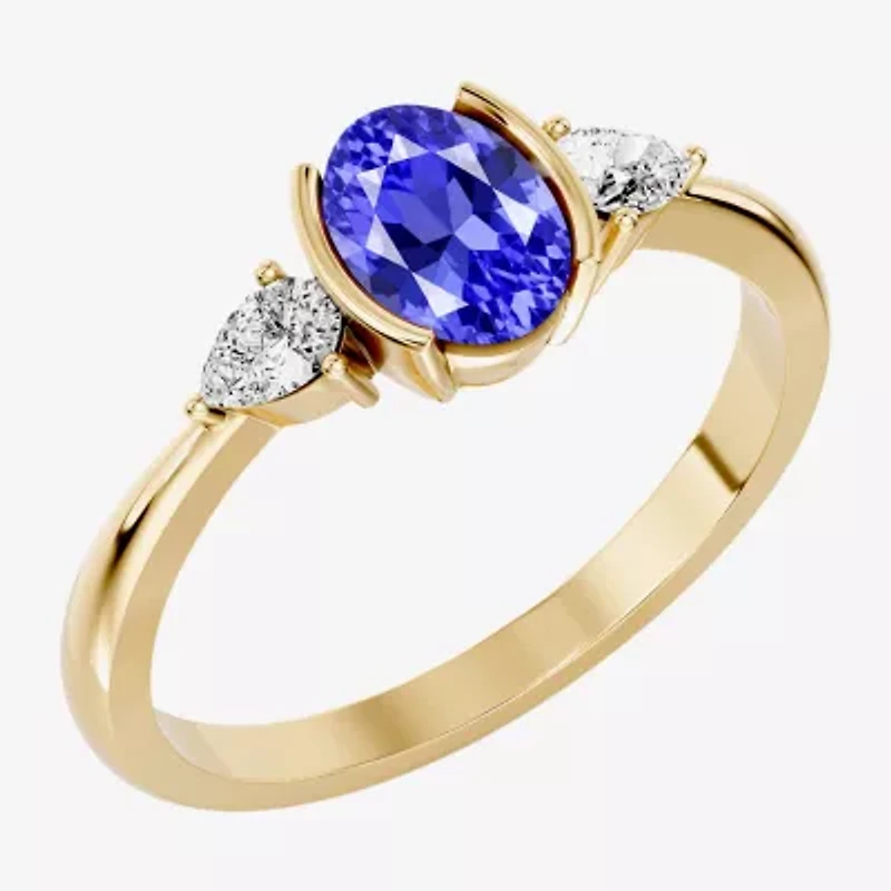 Womens 1/5 CT. Genuine Blue Tanzanite 10K Gold Oval 3-Stone Cocktail Ring