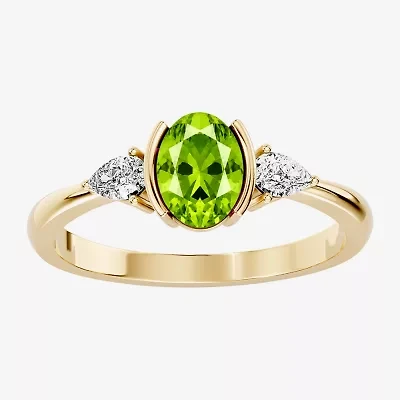 Womens 1/5 CT. Genuine Green Peridot 10K Gold Oval 3-Stone Cocktail Ring