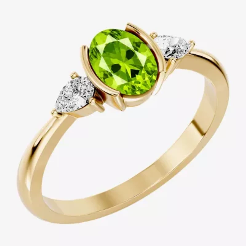 Womens 1/5 CT. Genuine Green Peridot 10K Gold Oval 3-Stone Cocktail Ring