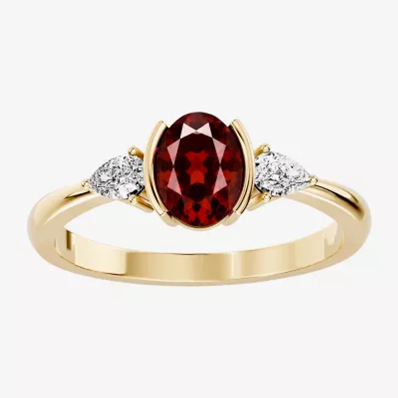 Womens 1/5 CT. Genuine Red Garnet 10K Gold Oval 3-Stone Cocktail Ring