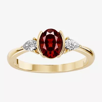 Womens 1/5 CT. Genuine Red Garnet 10K Gold Oval 3-Stone Cocktail Ring