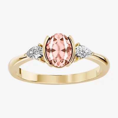 Womens 1/5 CT. Genuine Pink Morganite 10K Gold Oval 3-Stone Cocktail Ring