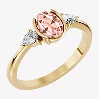 Womens 1/5 CT. Genuine Pink Morganite 10K Gold Oval 3-Stone Cocktail Ring