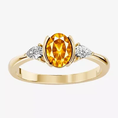 Womens 1/5 CT. Genuine Yellow Citrine 10K Gold Oval 3-Stone Cocktail Ring