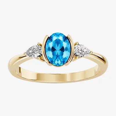 Womens 1/5 CT. Genuine Blue Topaz 10K Gold Oval 3-Stone Cocktail Ring