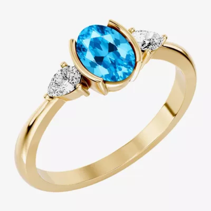 Womens 1/5 CT. Genuine Blue Topaz 10K Gold Oval 3-Stone Cocktail Ring