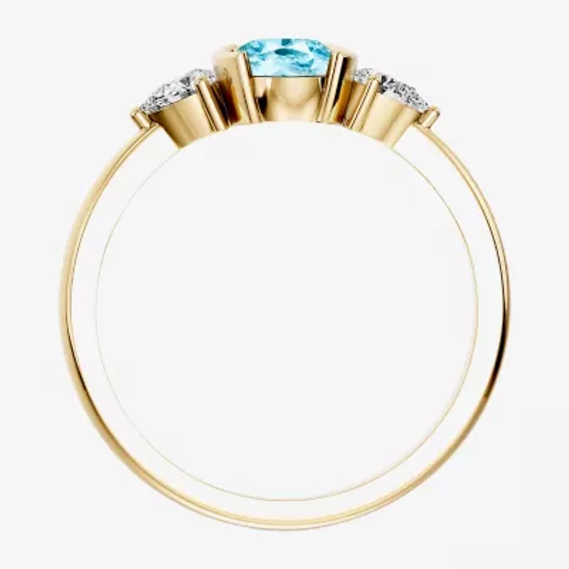 Womens 1/5 CT. Genuine Blue Aquamarine 10K Gold Oval 3-Stone Cocktail Ring