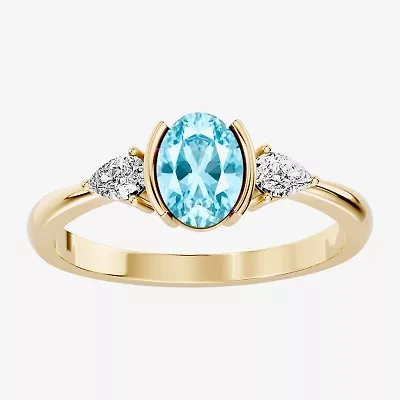 Womens 1/5 CT. Genuine Blue Aquamarine 10K Gold Oval 3-Stone Cocktail Ring