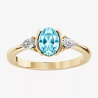 Womens 1/5 CT. Genuine Blue Aquamarine 10K Gold Oval 3-Stone Cocktail Ring