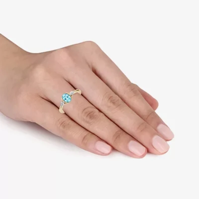 Womens 1/5 CT. Genuine Blue Aquamarine 10K Gold Oval 3-Stone Cocktail Ring