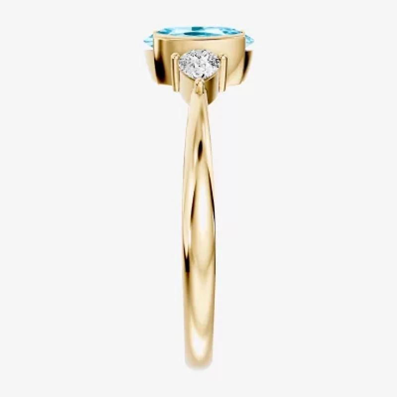 Womens 1/5 CT. Genuine Blue Aquamarine 10K Gold Oval 3-Stone Cocktail Ring