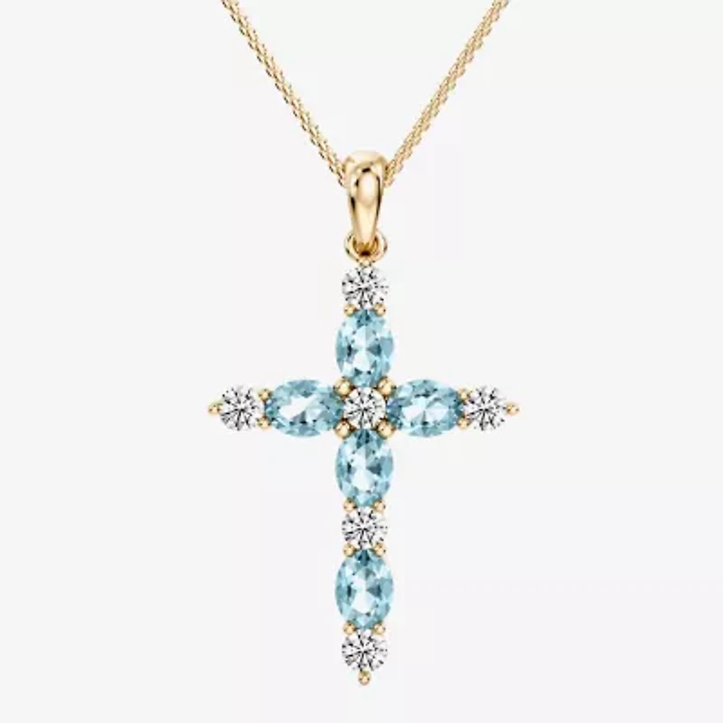 Cross Womens 1/4 CT. T.W. Genuine Blue Aquamarine 10K Gold Cross 18 Inch Pendant Necklace