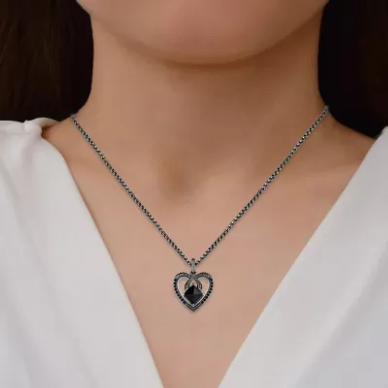 Enchanted Disney Fine Jewelry Womens 1/8 CT. T.W. Genuine Black Onyx Sterling Silver Heart 18 Inch Pendant Necklace