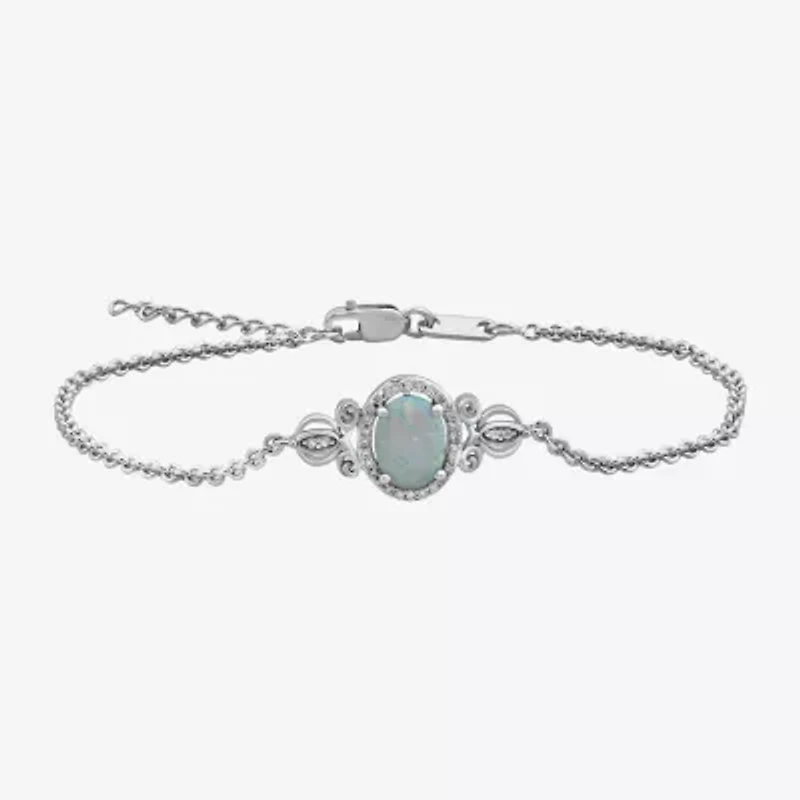 Enchanted Disney Fine Jewelry Womens 1/10 CT. T.W. Lab Created White Opal Sterling Silver Oval Cinderella Princess Charm Bracelet