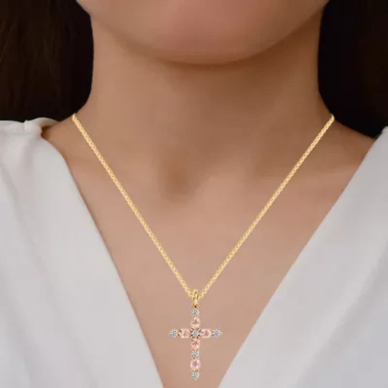Cross Womens 1/4 CT. T.W. Genuine Pink Morganite 10K Gold Cross 18 Inch Pendant Necklace
