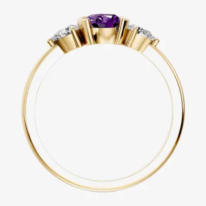 Womens 1/5 CT. Genuine Purple Amethyst 10K Gold Oval 3-Stone Cocktail Ring