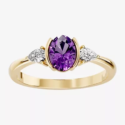 Womens 1/5 CT. Genuine Purple Amethyst 10K Gold Oval 3-Stone Cocktail Ring