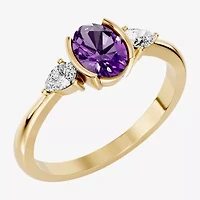 Womens 1/5 CT. Genuine Purple Amethyst 10K Gold Oval 3-Stone Cocktail Ring