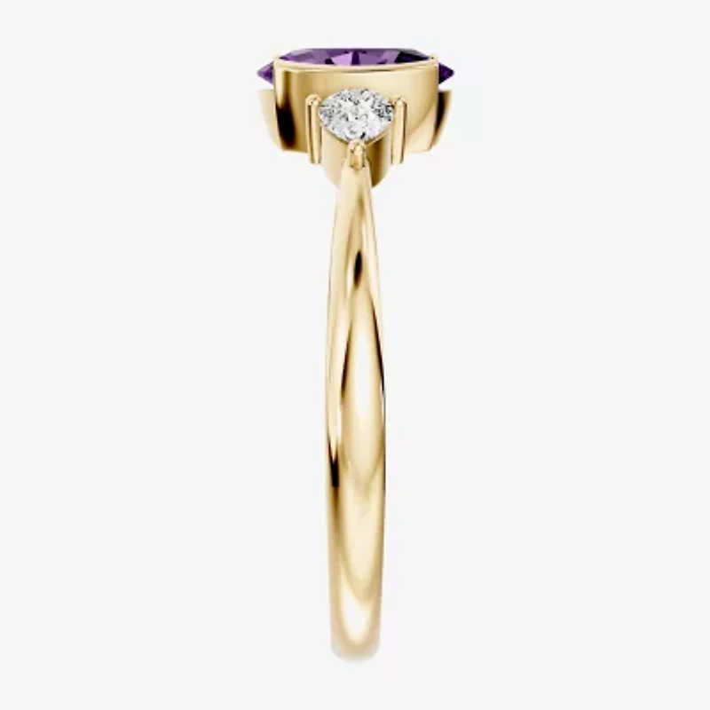 Womens 1/5 CT. Genuine Purple Amethyst 10K Gold Oval 3-Stone Cocktail Ring