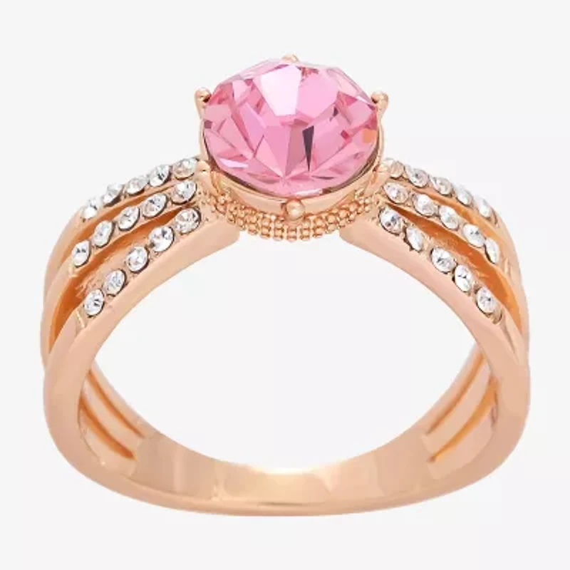 Sparkle Allure Womens Pink Crystal 18K Rose Gold Over Brass Round Cocktail Ring