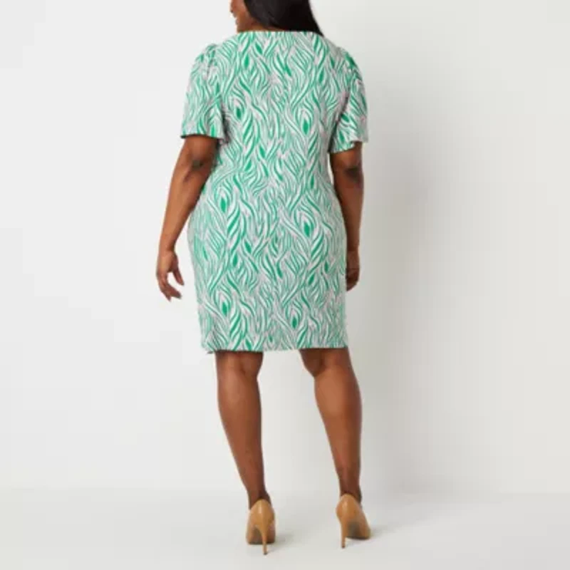 Black Label by Evan-Picone Womens Plus Short Sleeve Waves Sheath Dress