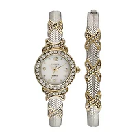 Elgin Womens Crystal-Accent Two-Tone Bangle and Watch Set