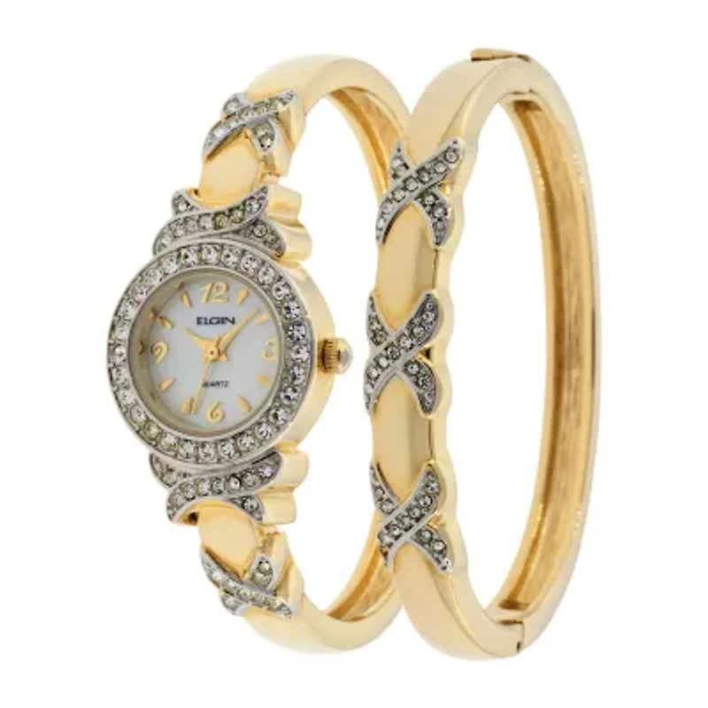 Elgin® Womens Gold-Tone Crystal-Accent Watch and Bangle Set