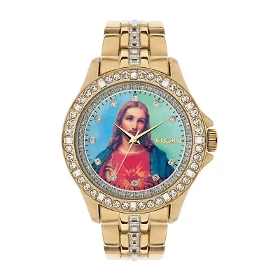 Elgin Mens Crystal-Accent Gold-Tone Jesus Watch