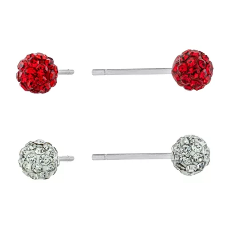 Silver Treasures Womens Crystal Sterling Silver Ball 2 Pair Earring Set