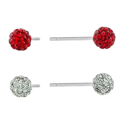 Silver Treasures Womens Crystal Sterling Silver Ball 2 Pair Earring Set