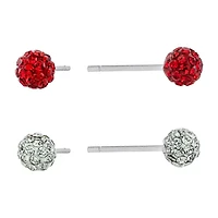 Silver Treasures Womens Crystal Sterling Silver Ball 2 Pair Earring Set