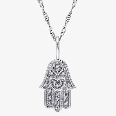 Womens Diamond Accent Natural White Diamond 14K White Gold Hamsa 17 Inch Pendant Necklace