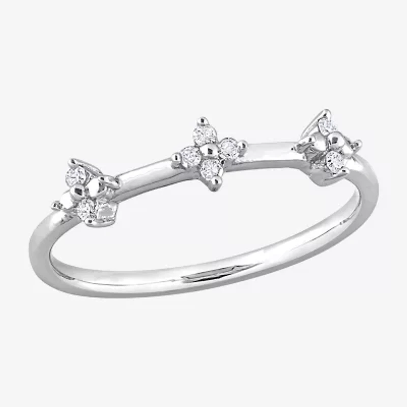 Womens 1/10 CT. T.W. Natural White Diamond Sterling Silver Flower Delicate Stackable Ring