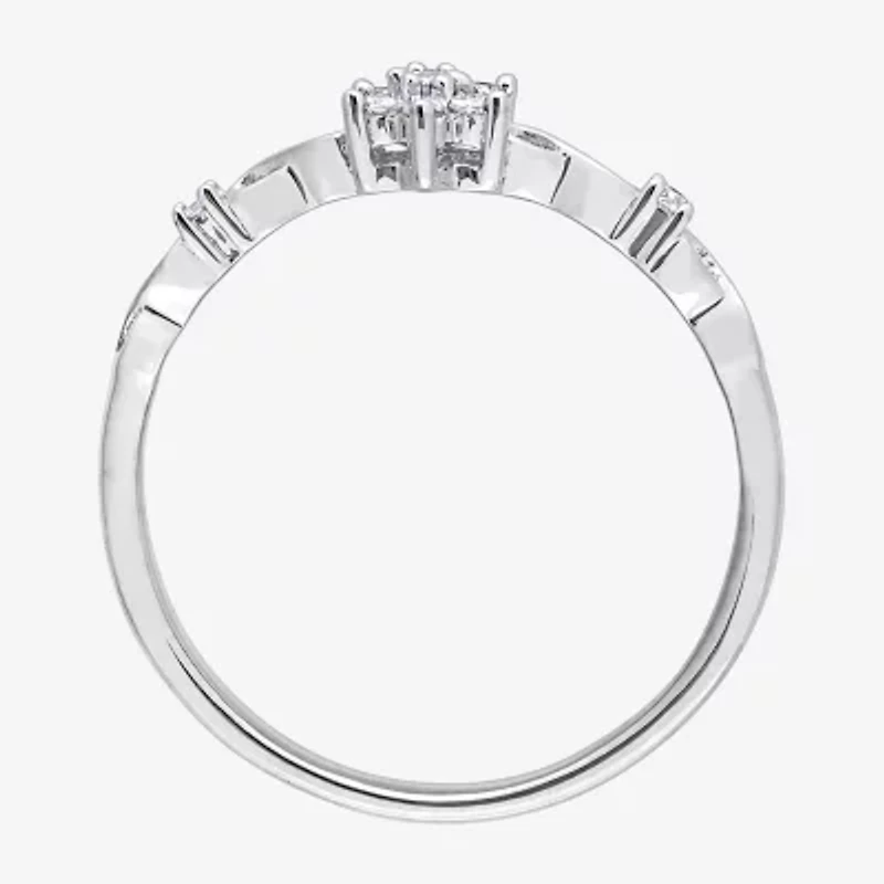 Womens 1/10 CT. T.W. Natural White Diamond Sterling Silver Flower Delicate Stackable Ring