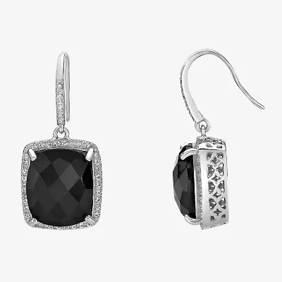 Womens Genuine Black Onyx Sterling Silver Cushion Drop Earrings