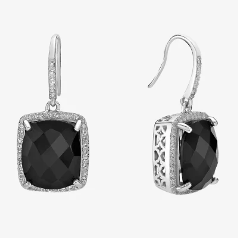 Womens Genuine Black Onyx Sterling Silver Cushion Drop Earrings